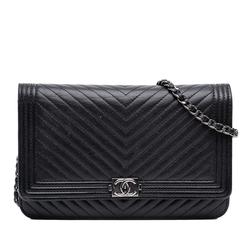 Chanel Chevron Lambskin Boy Wallet on Chain Black Leather Very good condition - Front View