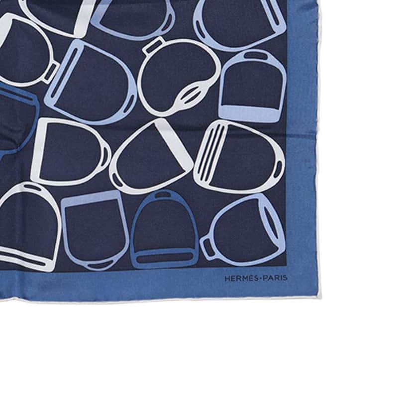 Hermès A Vos Etriers Pocket Square Silk Scarf 45 Blue Silk Good condition - Box View