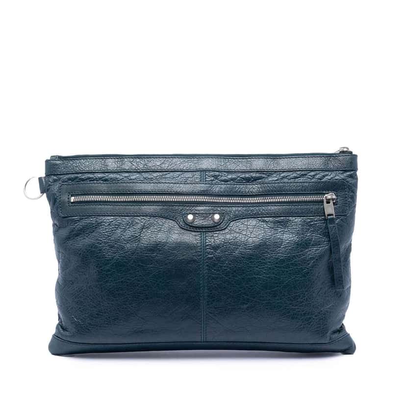 Balenciaga Lambskin Motocross Classic Clip L Clutch Blue Leather Very good condition - Front View