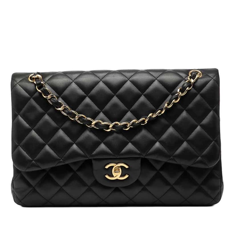 Chanel Jumbo Classic Lambskin Double Flap Black Leather Very good condition - Front View