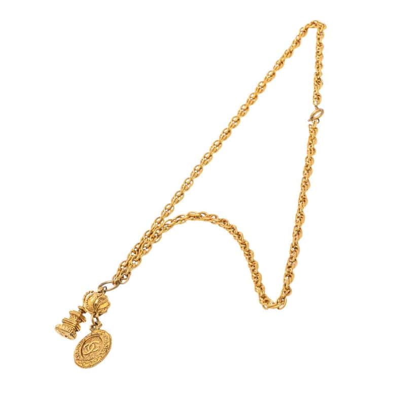 Chanel CC Gold Plated Medallion and Pagoda Pendant Necklace Gold Metal Very good condition - Front View