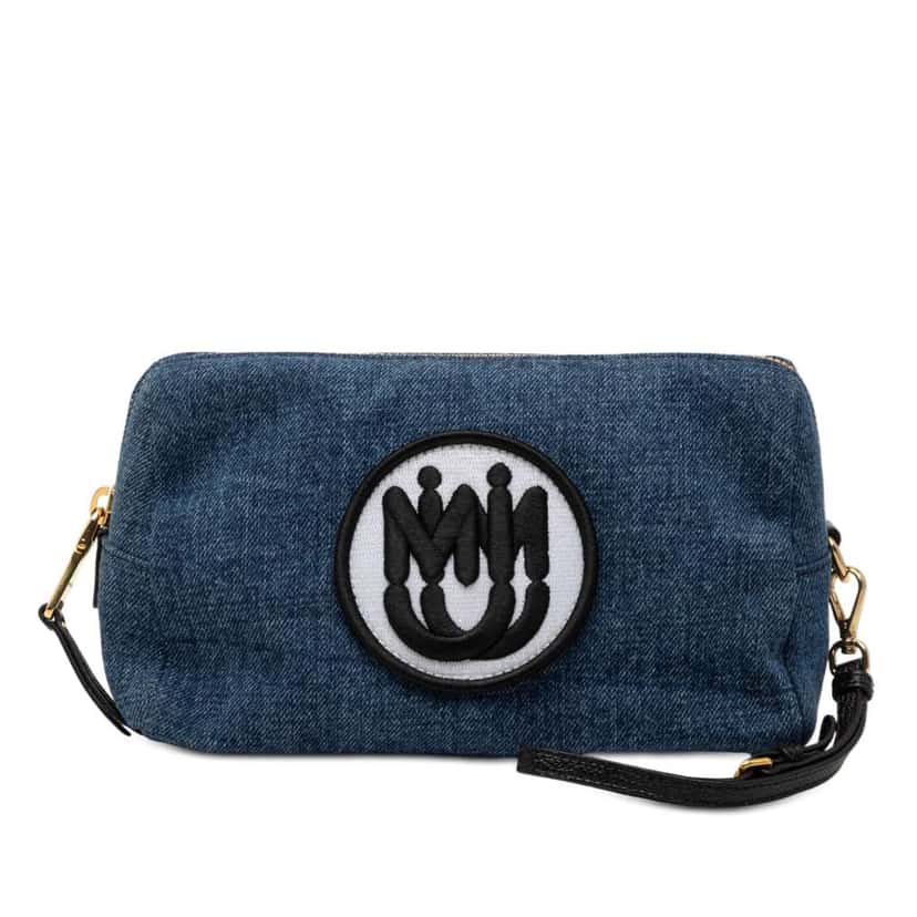 Miu Miu Denim Embroidered Logo Wristlet Pouch Blue Denim Very good condition - Front View