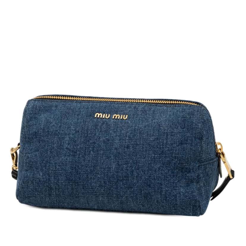 Miu Miu Denim Embroidered Logo Wristlet Pouch Blue Denim Very good condition - Back View