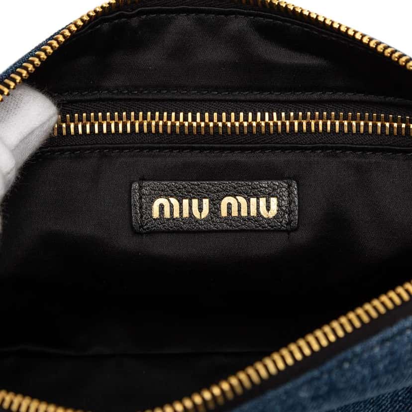 Miu Miu Denim Embroidered Logo Wristlet Pouch Blue Denim Very good condition - Box View