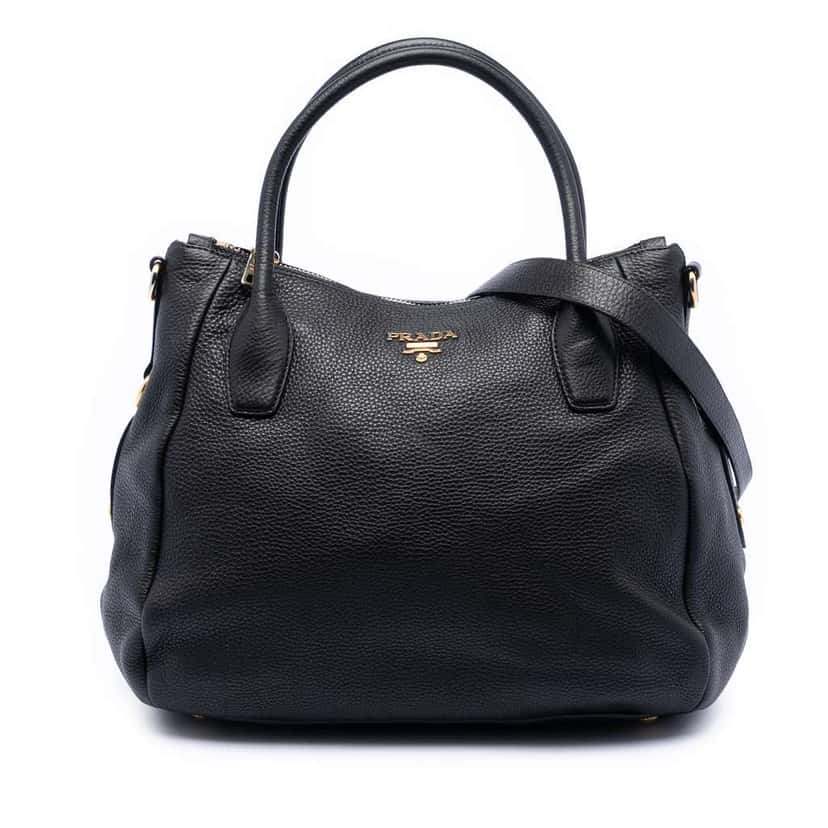 Prada Vitello Daino Zip Top Convertible Tote Black Leather Good condition - Front View