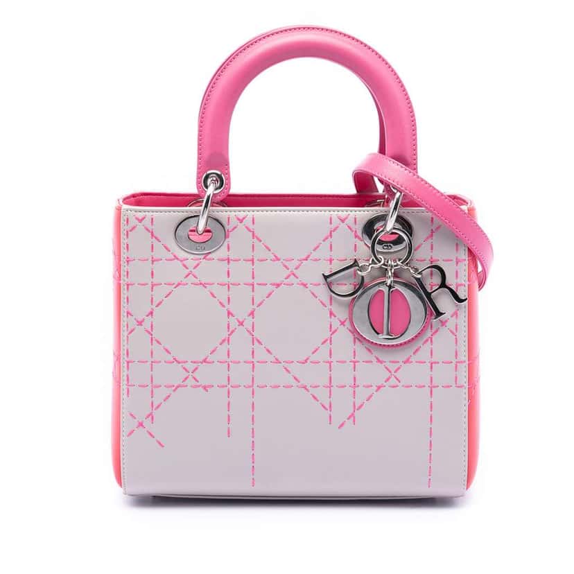 Dior Medium Tricolor Lambskin Macrocannage Stitched Lady Dior Grey Leather Very good condition - Front View