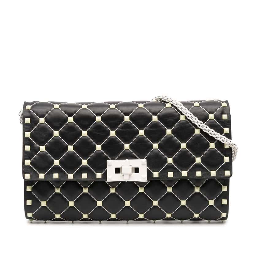 Valentino Quilted Lambskin Free Rockstud Spike Wallet On Chain Black Leather Very good condition - Front View