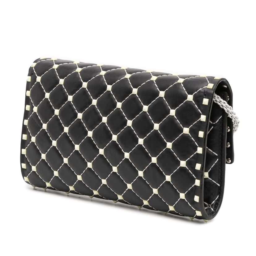 Valentino Quilted Lambskin Free Rockstud Spike Wallet On Chain Black Leather Very good condition - Back View