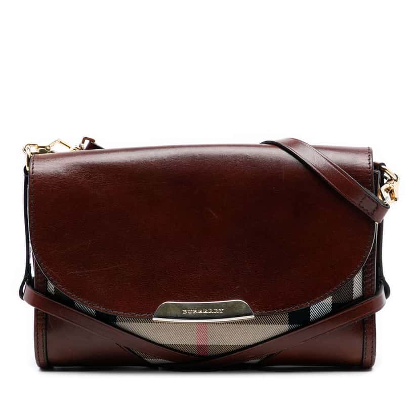 Burberry Leather and House Check Canvas Bridle Abbott Crossbody Brown Leather Very good condition - Front View
