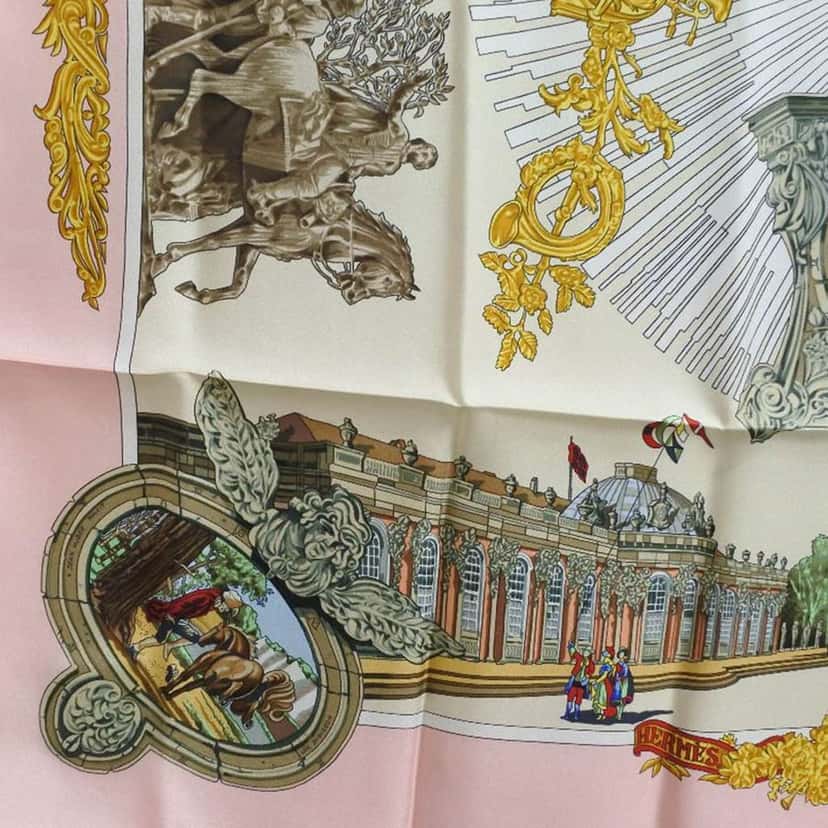 Hermès Sanssoucy Silk Scarf 90 Pink Silk Very good condition - Model View