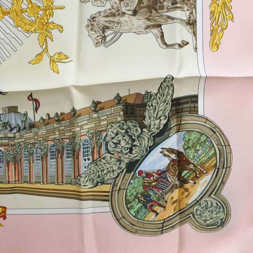 Hermès Sanssoucy Silk Scarf 90 Pink Silk Very good condition - Box View