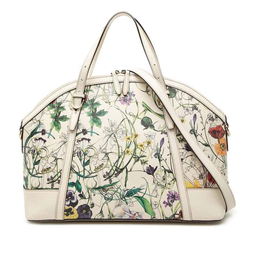 Gucci Large Leather Floral Print Nice Dome Satchel White Leather Good condition - Front View