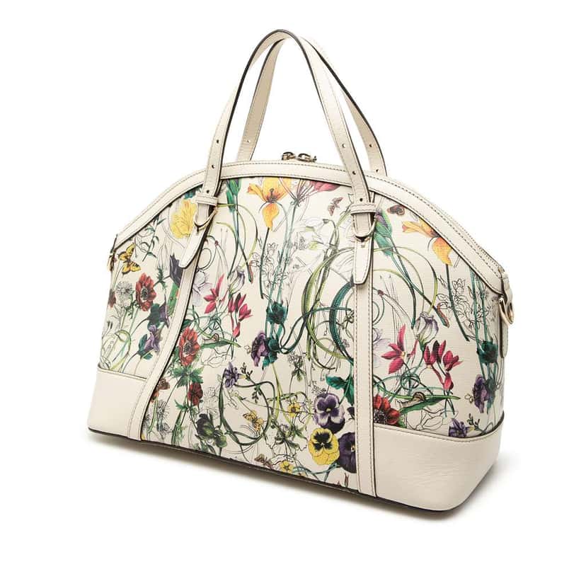 Gucci Large Leather Floral Print Nice Dome Satchel White Leather Good condition - Back View