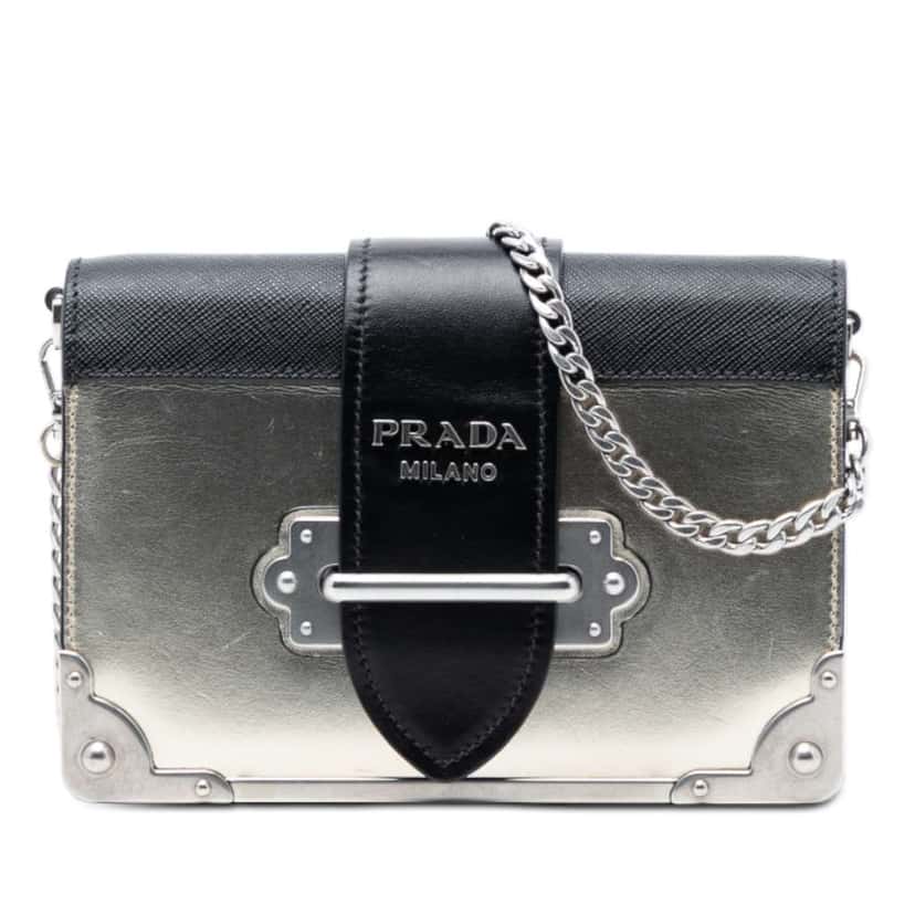 Prada Saffiano Trimmed Metallic Vitello Cahier Bag Gold Leather Very good condition - Front View