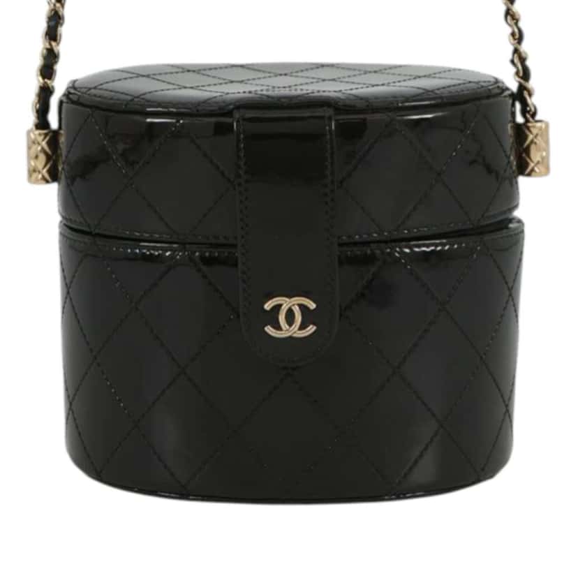 Chanel CC Quilted Patent Round Vanity Clutch With Chain Black Leather Very good condition - Front View
