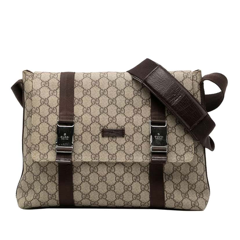 Gucci Large GG Supreme Double Buckle Flap Messenger Bag Brown Canvas Good condition - Front View
