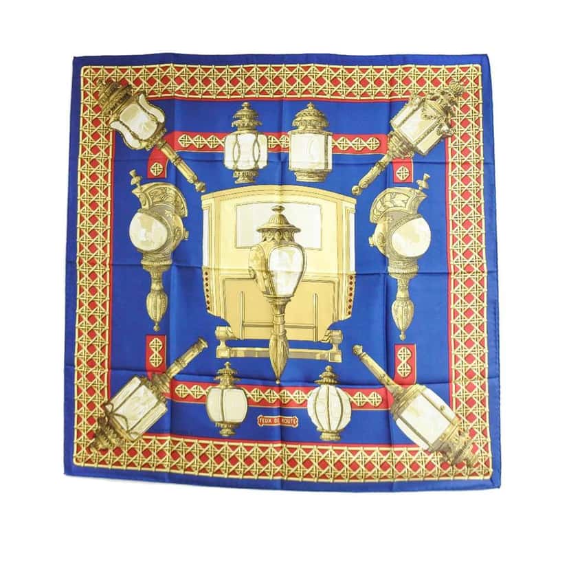 Hermès Feux de Route Silk Scarf 90 Blue Silk Good condition - Front View