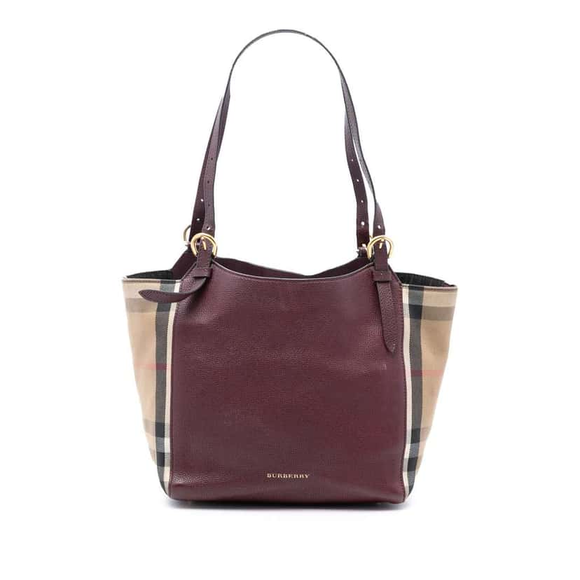 Burberry Small Leather and House Check Canvas Canterbury Tote Red Leather Very good condition - Front View