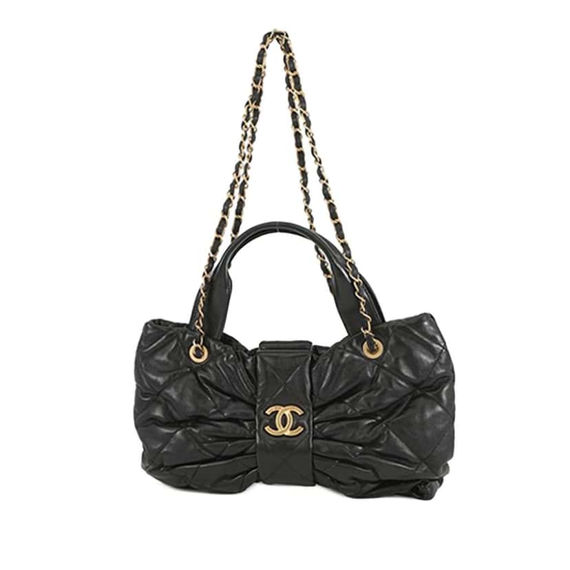 Chanel Shiny Lambskin Bow Bag Black Leather Good condition - Front View
