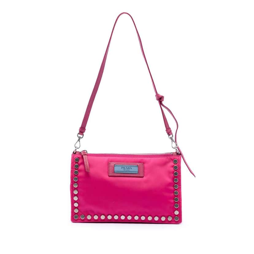 Prada Tessuto Studded Etiquette Shoulder Bag Pink Very good condition - Front View