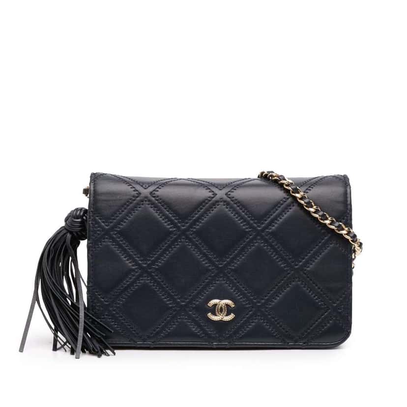 Chanel CC Quilted Lambskin Double Stitch Tassel Wallet On Chain Blue Leather Good condition - Front View