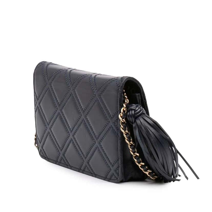 Chanel CC Quilted Lambskin Double Stitch Tassel Wallet On Chain Blue Leather Good condition - Back View