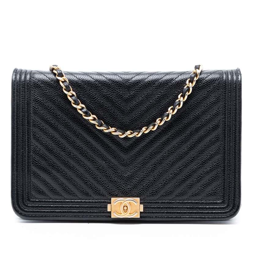 Chanel Chevron Caviar Boy Wallet On Chain Black Leather Good condition - Front View
