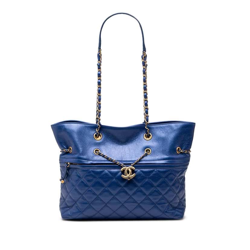 Chanel CC Calfskin Front Zip Drawstring Chain Tote Blue Leather Very good condition - Front View