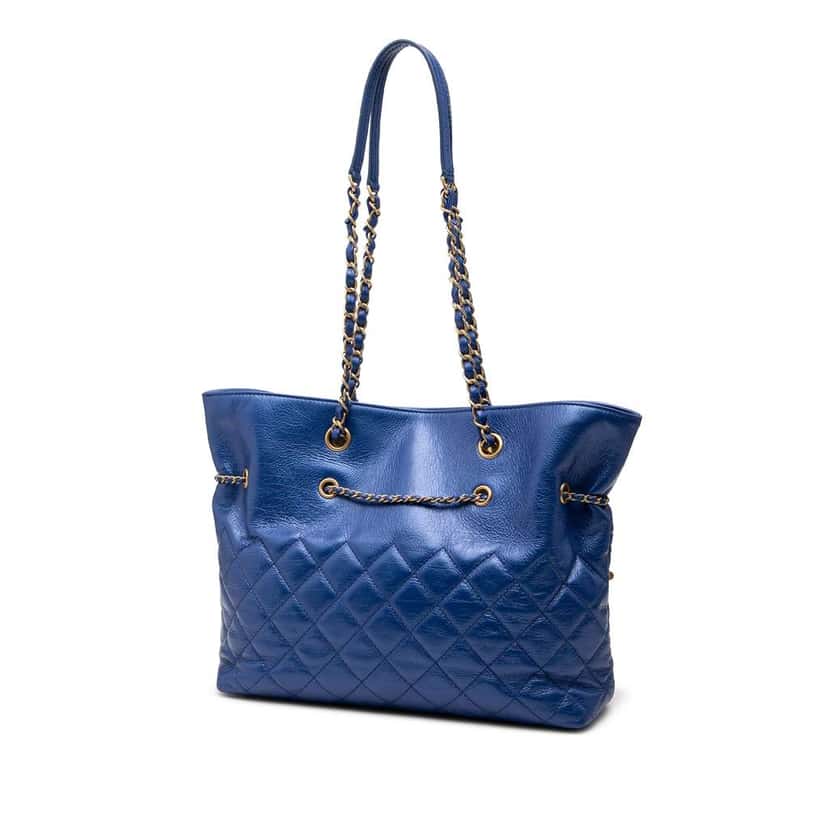 Chanel CC Calfskin Front Zip Drawstring Chain Tote Blue Leather Very good condition - Back View