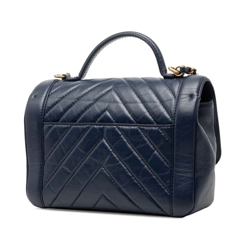 Chanel CC Chevron Aged Calfskin Top Handle Flap Blue Leather Very good condition - Back View