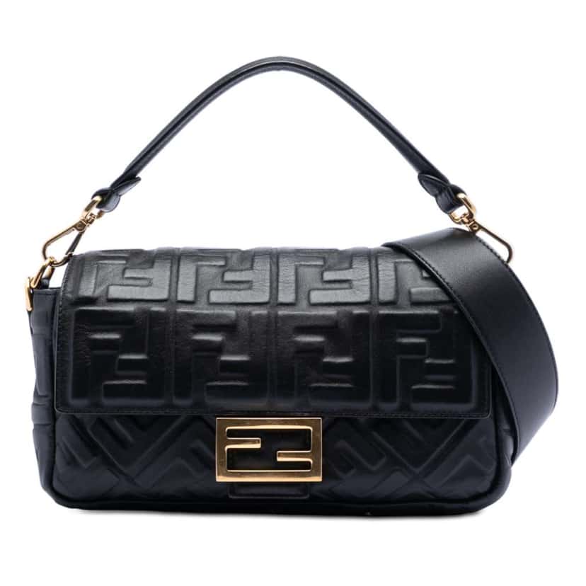 Fendi Zucca Embossed Leather Baguette Satchel Black Leather Good condition - Front View