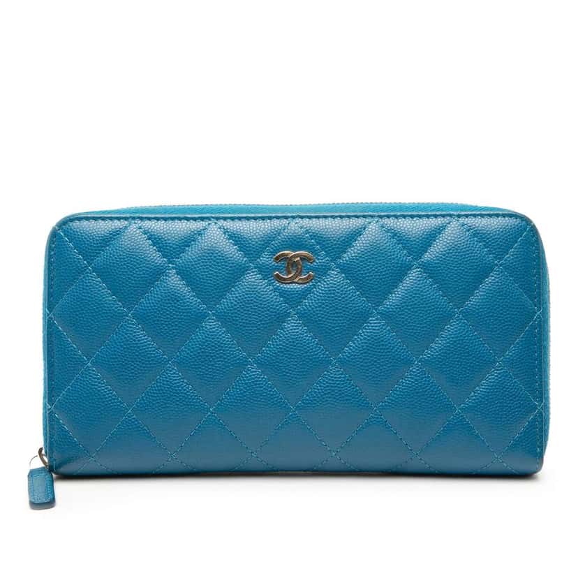 Chanel CC Quilted Caviar Zip Around Long Wallet Blue Leather Very good condition - Front View