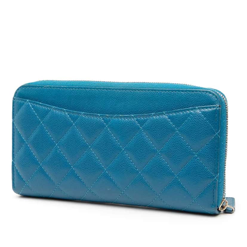 Chanel CC Quilted Caviar Zip Around Long Wallet Blue Leather Very good condition - Back View