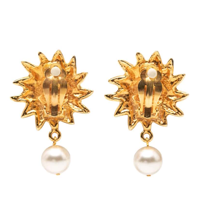 Chanel CC Gold Plated Faux Pearl Lion Head Drop Clip On Earrings Gold Metal Very good condition - Back View