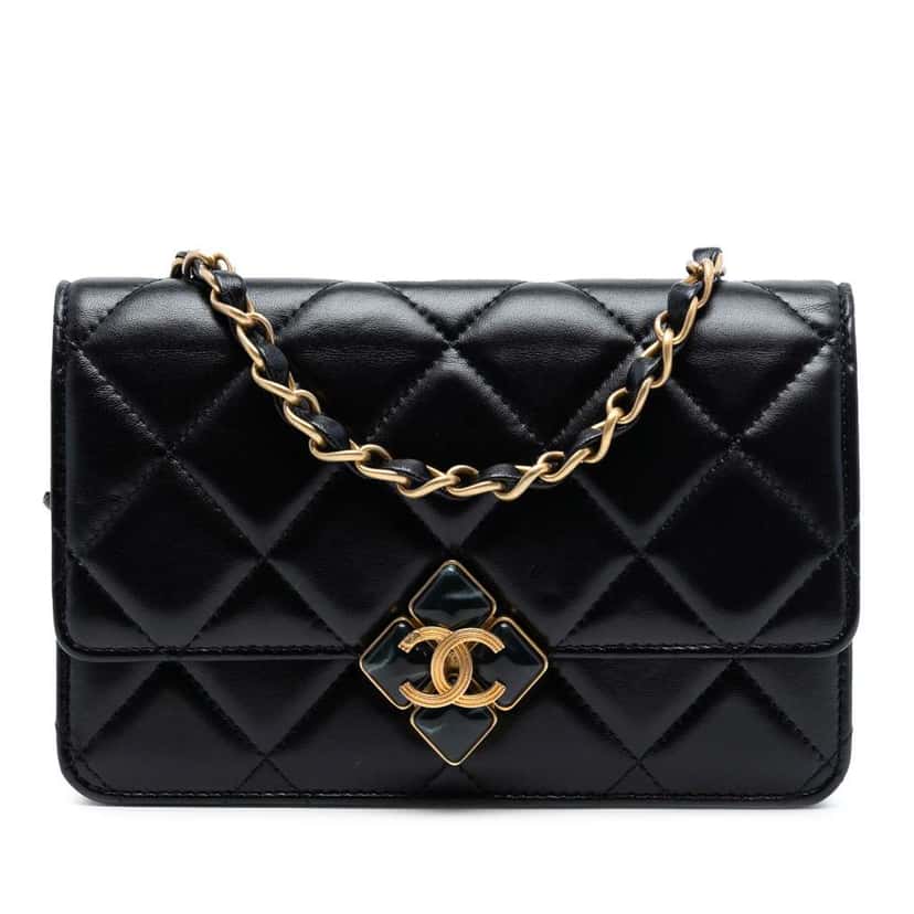 Chanel CC Quilted Lambskin Diamond Lock Wallet on Chain Black Leather Very good condition - Front View