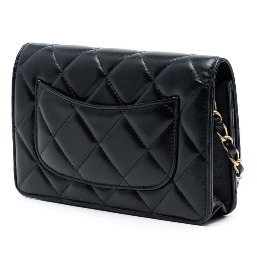Chanel CC Quilted Lambskin Diamond Lock Wallet on Chain Black Leather Very good condition - Back View