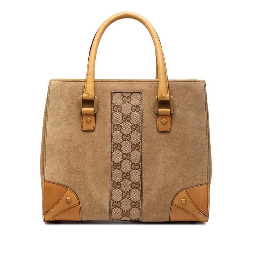 Gucci Suede GG Canvas Nailhead Handbag Brown Leather Good condition - Front View