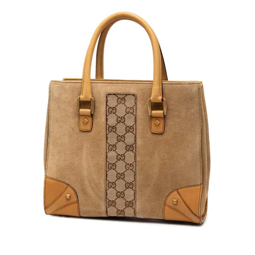 Gucci Suede GG Canvas Nailhead Handbag Brown Leather Good condition - Back View