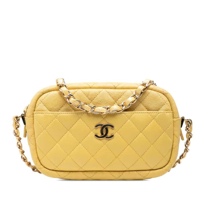 Chanel Mini Quilted Iridescent Caviar Camera Case Yellow Leather Very good condition - Front View