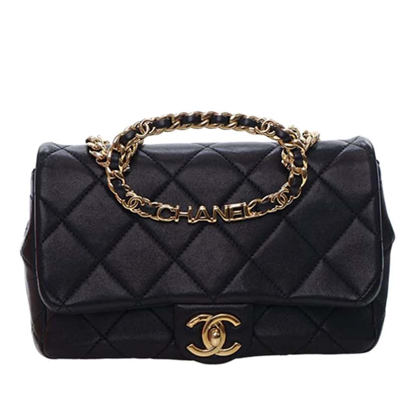 Chanel Small Quilted Lambskin Round Top Handle Flap Black Leather Very good condition - Front View