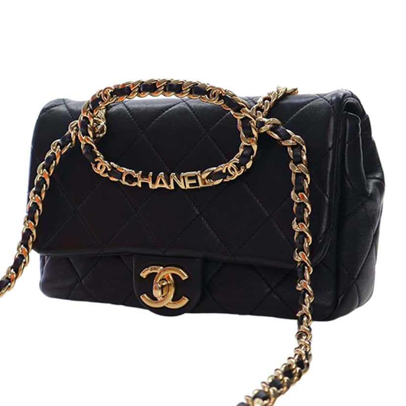 Chanel Small Quilted Lambskin Round Top Handle Flap Black Leather Very good condition - Back View
