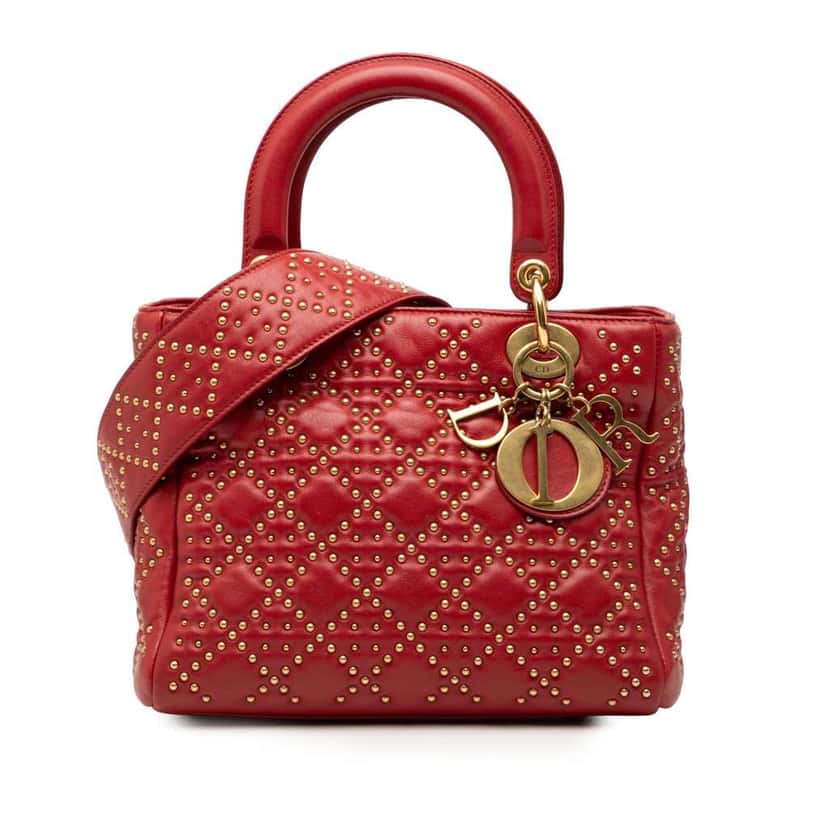 Dior Medium Lambskin Cannage Studded Supple Lady Dior Red Leather Very good condition - Front View