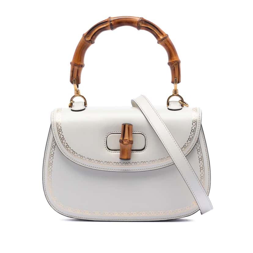 Gucci Calfskin Frame Print Bamboo Top Handle Bag White Leather Very good condition - Front View
