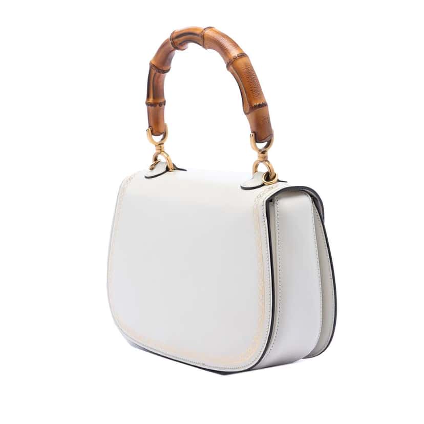 Gucci Calfskin Frame Print Bamboo Top Handle Bag White Leather Very good condition - Back View