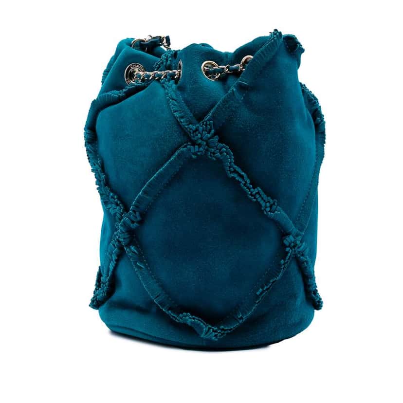 Chanel CC Suede Fringed Drawstring Bucket Bag Blue Leather Good condition - Back View