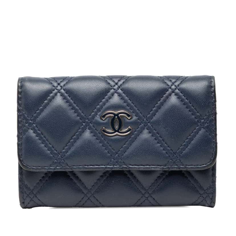 Chanel CC Double Stitch Lambskin Flap Card Holder Blue Leather Good condition - Front View