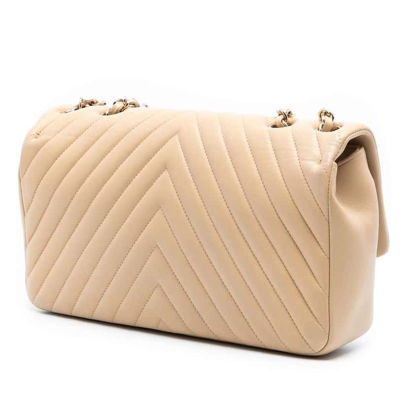 Chanel Jumbo Classic Chevron Lambskin Single Flap Brown Leather Fair condition - Back View