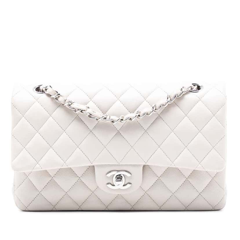 Chanel Medium Classic Caviar Double Flap White Leather Good condition - Front View