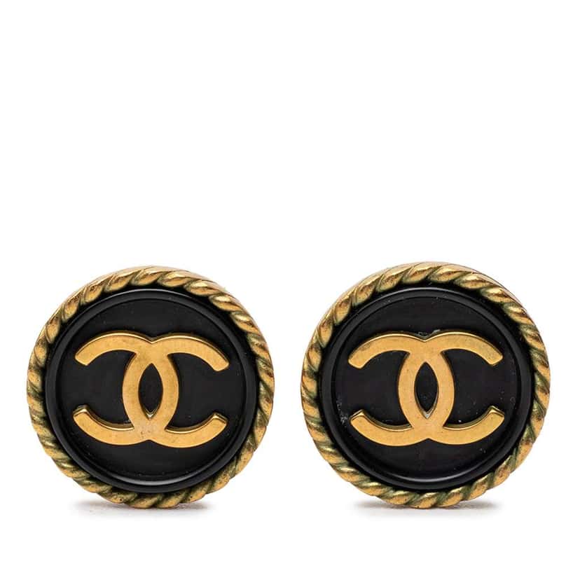 Chanel CC Gold Plated and Enamel Round Button Clip On Earrings Gold Metal Good condition - Front View