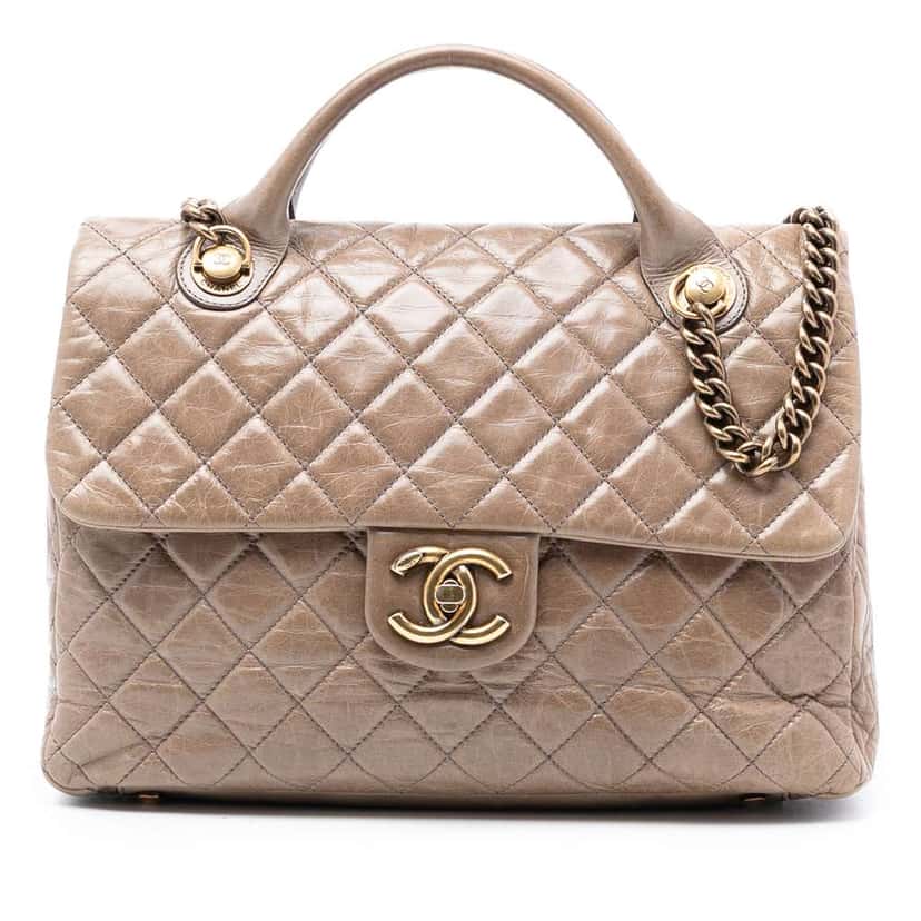 Chanel Large Glazed Calfskin Castle Rock Top Handle Flap Brown Leather Good condition - Front View